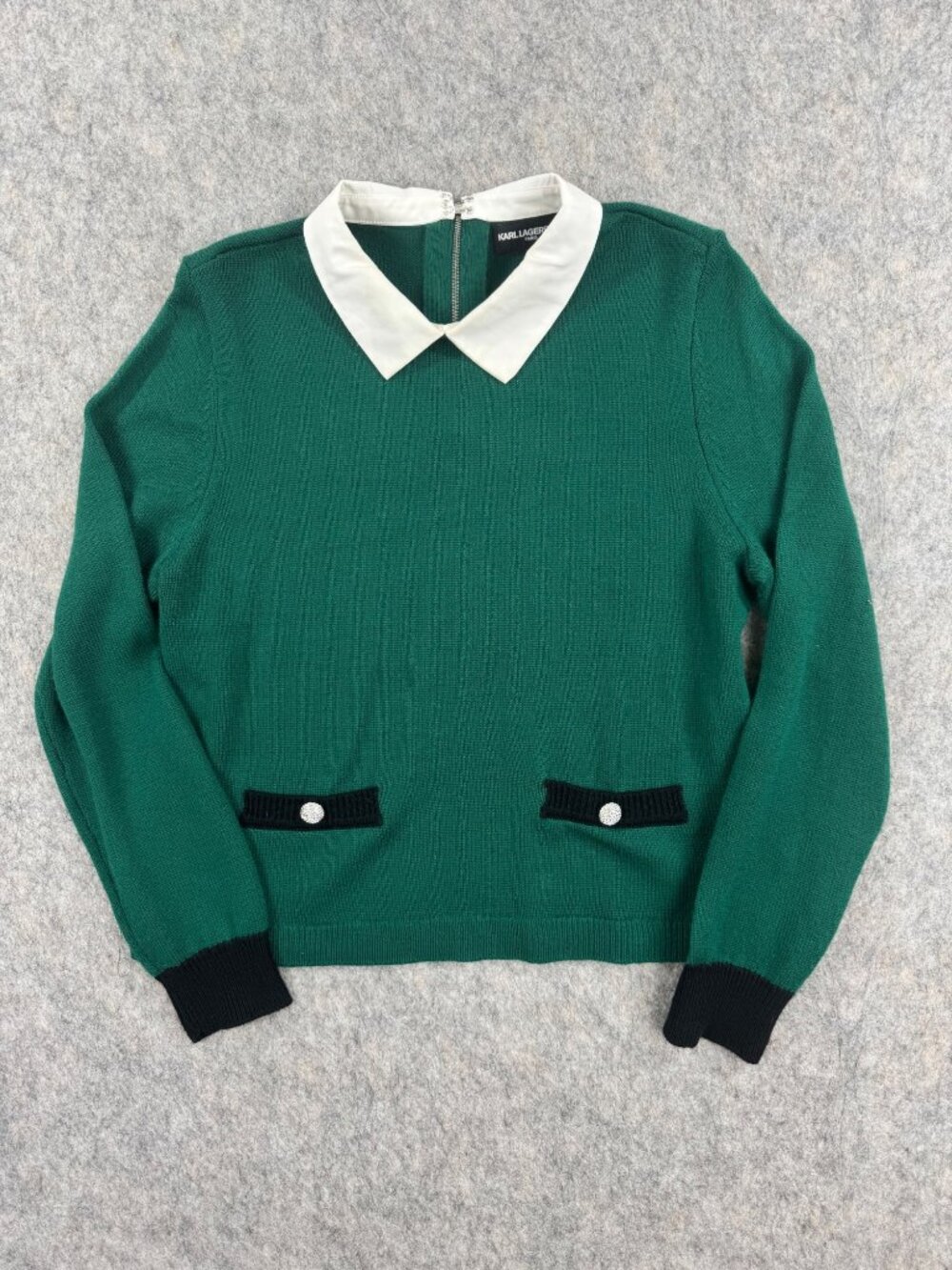 Karl Lagerfeld Sweater Green Wool Blend Collared Crystal Buttons Sz XL Pullover